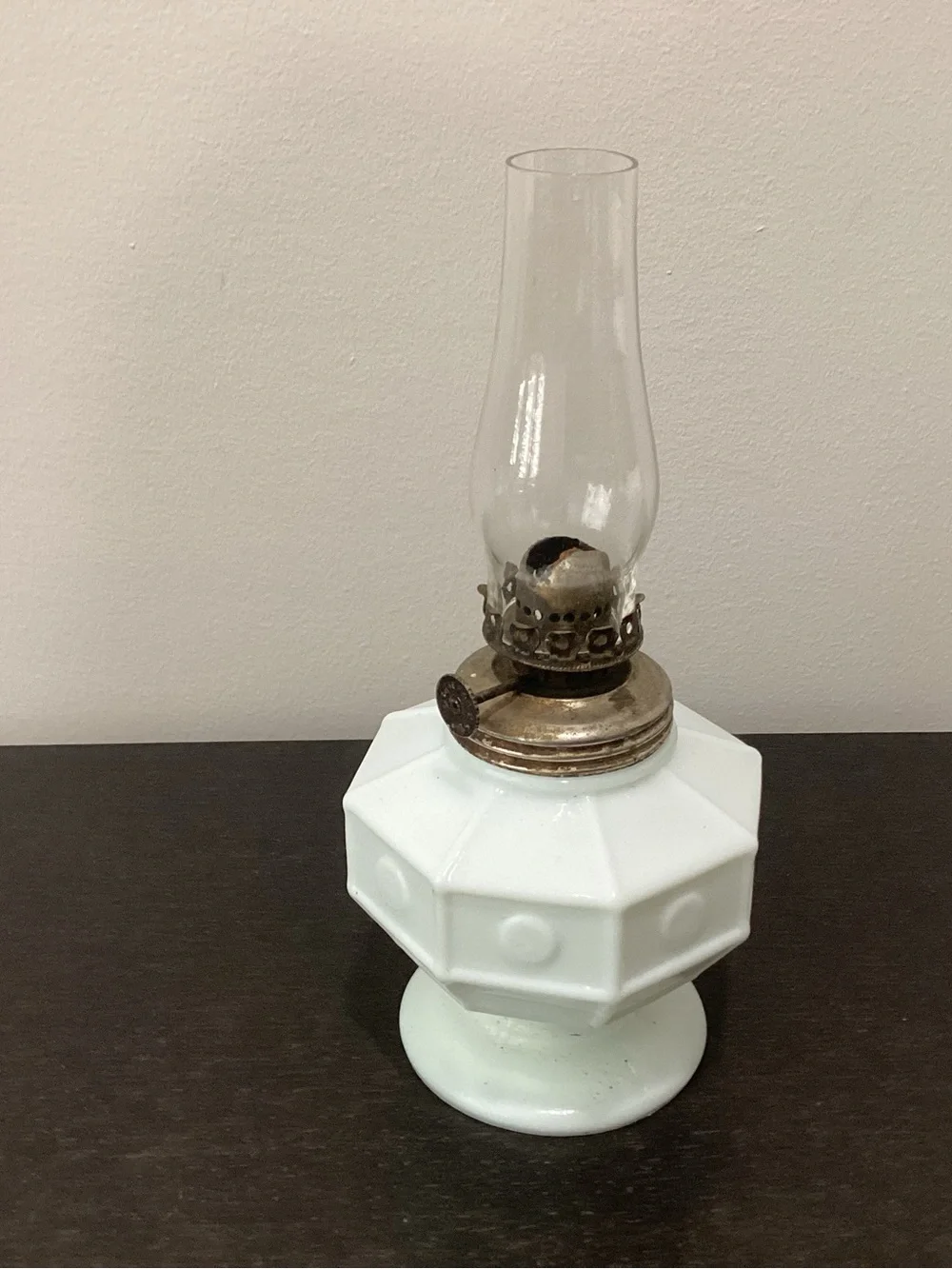 Antique 1890s-1920s. White milk glass oil lamp 8 sided with circle design